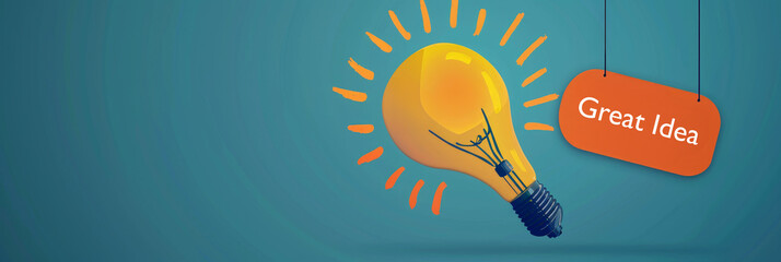 Poster - Idea light bulb with 'Great Idea' tag concept - A bright yellow light bulb with a 'Great Idea' tag hanging, representing creativity and brainstorming