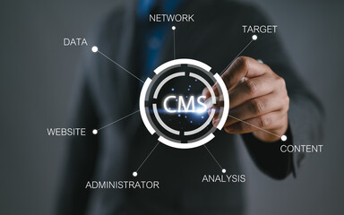 Leinwandbilder - Content management system and website administration concept. Collage with IT manager pushing CMS button on imaginary screen with word cloud.