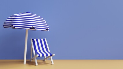 Poster - Summer vacation 3d illustration background. 3d render summer vibe. Summer umbrella with chairs on yellow background
