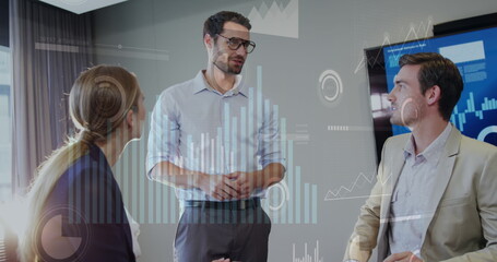 Poster - Image of loading circles and bars with graphs, caucasian coworkers discussing in office