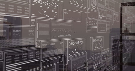 Poster - Image of graphs, loading bars and circles with changing numbers over modern buildings