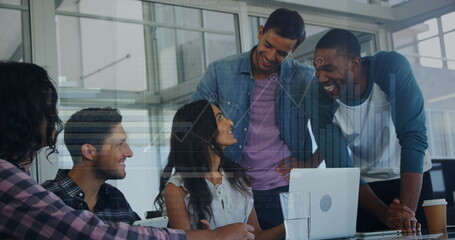 Poster - Image of graphs, loading circles, bars, diverse coworkers sharing ideas in office