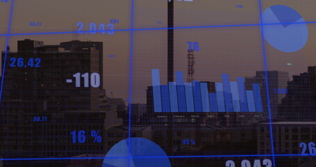 Poster - image of changing numbers and multiple graphs over modern buildings against sky