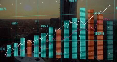 Poster - Image of graphs with changing numbers and currency symbols over aerial view of modern city