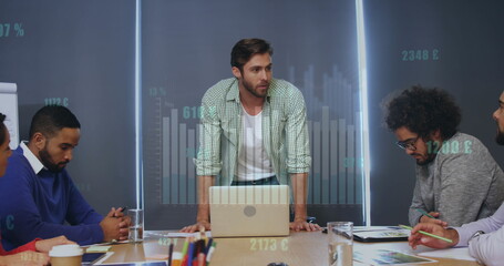 Poster - image of graphs, changing numbers, currency symbols, diverse coworkers discussing reports