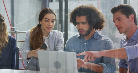 Poster - Image of multiple graphs over diverse coworkers discussing reports on laptop in office