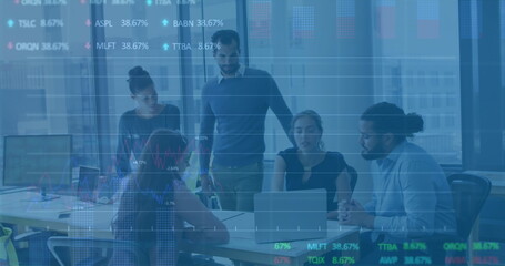 Poster - Image of multiple graphs and trading boards, diverse coworkers discussing reports on laptop