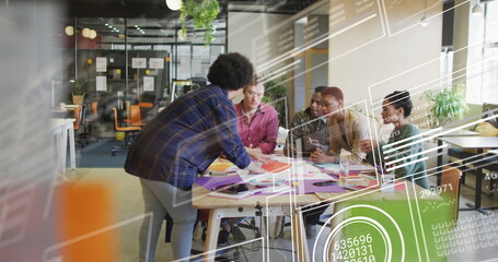 Poster - Image of graphs, loading circles, changing numbers, diverse coworkers sharing ideas in office