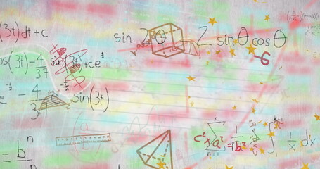 Poster - Image of mathematical equation and diagrams over multicolored trading board
