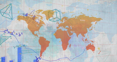Poster - Image of graph, mathematical equation and diagrams with map over white background