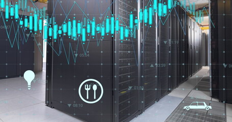 Poster - Image of icons with graphs and changing numbers over data server racks in server room