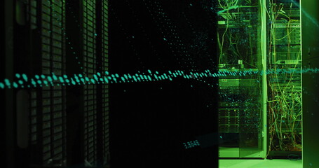 Poster - Image of graphs and changing numbers over illuminated data server system in server room