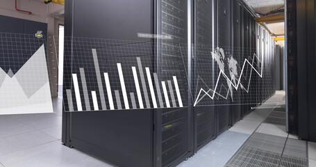 Canvas Print - Image of graphs, map, loading bars over data server racks in server room