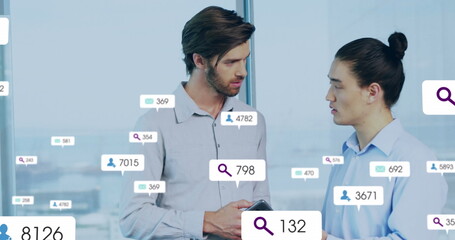 Poster - Image of multiple notification bars over diverse coworkers discussing reports on digital tablet