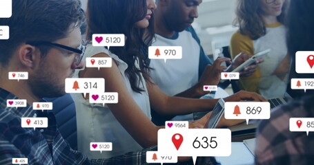 Poster - Image of changing numbers and icons in notification bars, diverse coworkers using technology