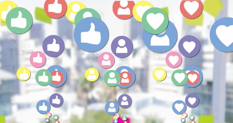 Sticker - Image of colorful profile, heart and like icons over aerial view of modern cityscape