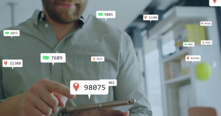 Poster - Image of changing numbers, icon in notification bars, caucasian man using digital tablet