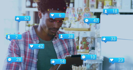 Poster - Image of icons, changing numbers in notification bars, african american man using digital tablet