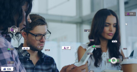 Poster - Image of network of digital icons over couple using using tablet social media