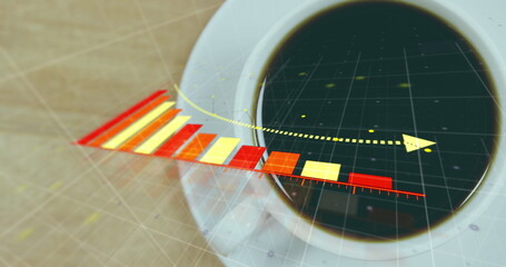 Poster - Image of arrow on reducing bar graphs, overhead view of coffee cup on wooden table