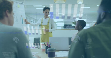 Poster - Image of graphs, globes, computer language, diverse female explaining cloth design to coworkers
