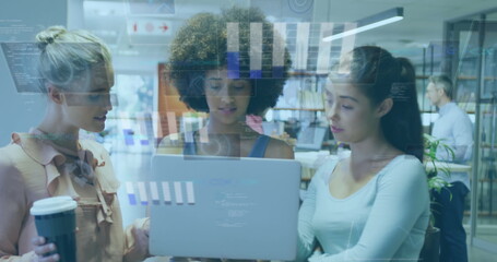 Poster - Image of graphs, radars and computer language, diverse female coworkers discussing on laptop