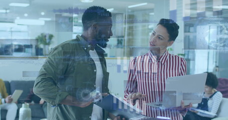 Poster - Image of graphs, globes and computer language, diverse coworkers discussing reports
