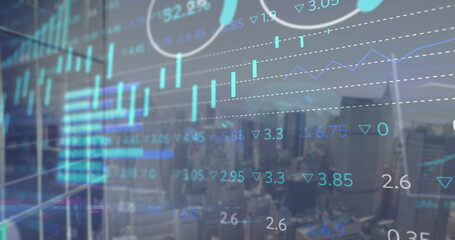 Poster - Image of multiple graphs, trading board over modern city against cloudy sky