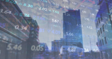 Poster - Image of graphs and trading board over low angle view of modern buildings against cloudy sky