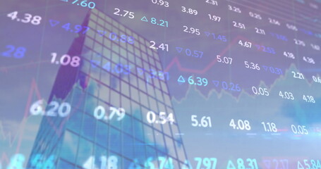 Poster - Image of graphs and trading board over low angle view of building against cloudy sky