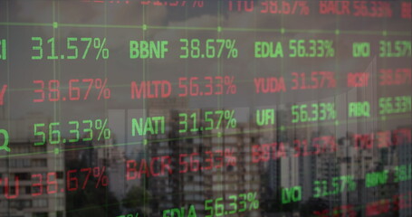 Poster - Image of trading board over modern cityscape against cloudy sky