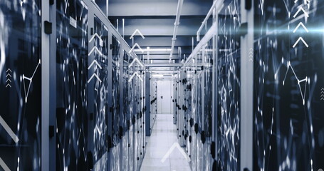 Poster - Image of arrows over connected dots on data server racks in server room