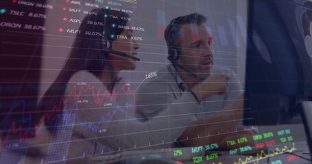 Poster - Image of graphs and trading boards, diverse coworkers wearing headphones and discussing on desk