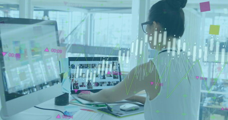 Aufkleber - Image of graphs, changing numbers, asian woman working and looking at pictures on laptop
