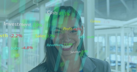 Aufkleber - Image of texts, graphs with changing numbers, smiling biracial woman standing in office