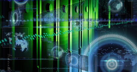 Poster - Image of graph, maps, globes, radar and computer language over data server racks