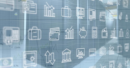 Poster - Image of multiple icons, graphs with changing numbers over data server racks