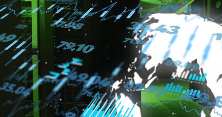 Poster - Image of multiple graphs, rotating globe and trading board over data server room