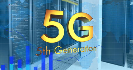 Poster - Image of 5g, 5th generation text with graphs, changing numbers, map over data server room