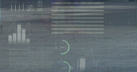 Poster - Image of infographic interface over low section of diverse people walking on street