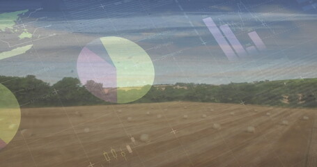 Poster - Image of multicolored infographic interface aerial view of field against cloudy sky
