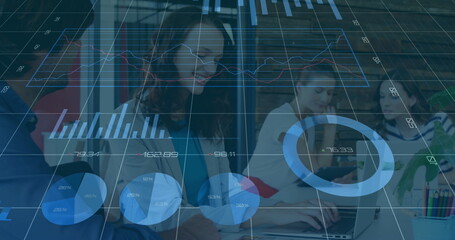 Poster - Image of loading circles, graphs, changing numbers, diverse coworkers discussing in office