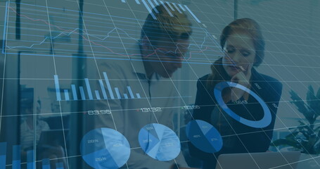 Poster - Image of graphs, loading circles, changing numbers, caucasian coworkers sharing ideas in office