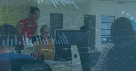 Poster - Image of graphs, loading bars, changing numbers, diverse coworkers discussing on desk