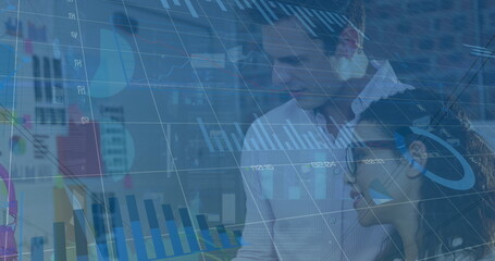 Poster - Image of graphs, loading circles, changing numbers, diverse coworkers discussing in office