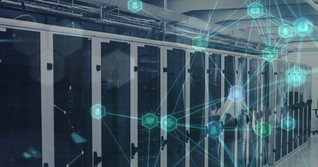 Aufkleber - image of network of medical icons, light spot and plexus networks against computer server room