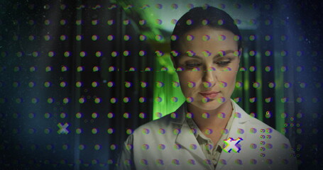 Poster - Image of abstract shapes against thoughtful caucasian female engineer working at server room