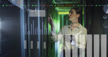 Poster - Image of data processing against thoughtful caucasian female engineer working at server room