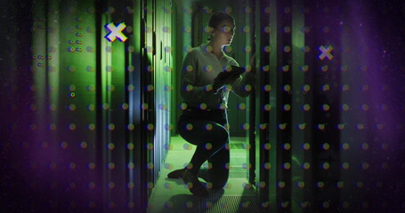 Poster - Image of abstract shapes against caucasian female engineer using digital tablet at server room