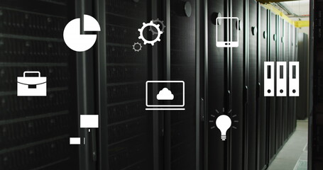 Poster - Image of multiple digital icons floating against computer server room